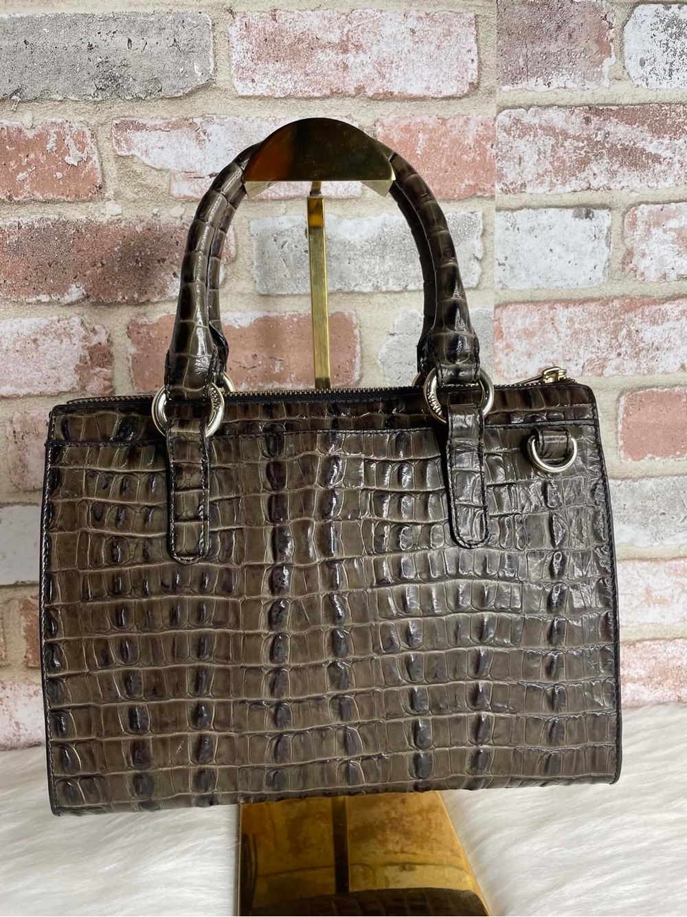 Brahmin Brown Croc-Embossed Leather Tote Bag with Tassel Charm - Picture 6 of 14